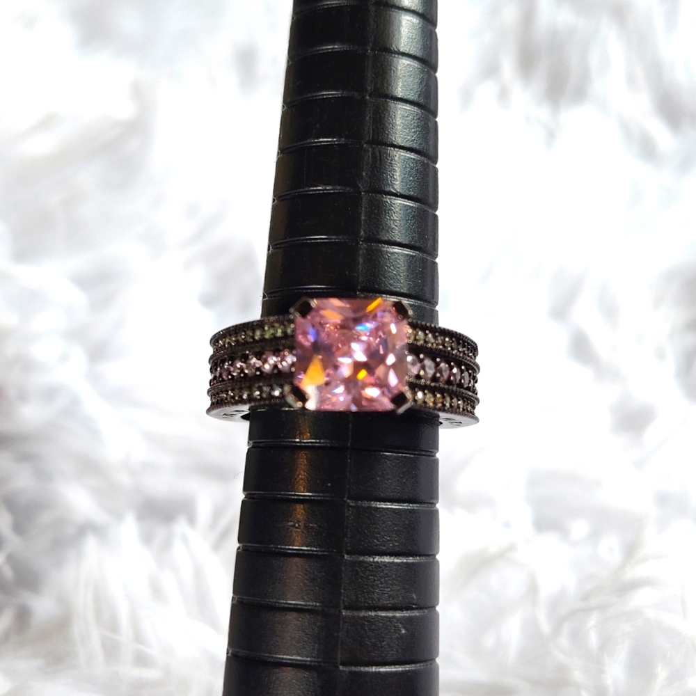 Pink Cubic Zirconia Statement Ring in Black Metal